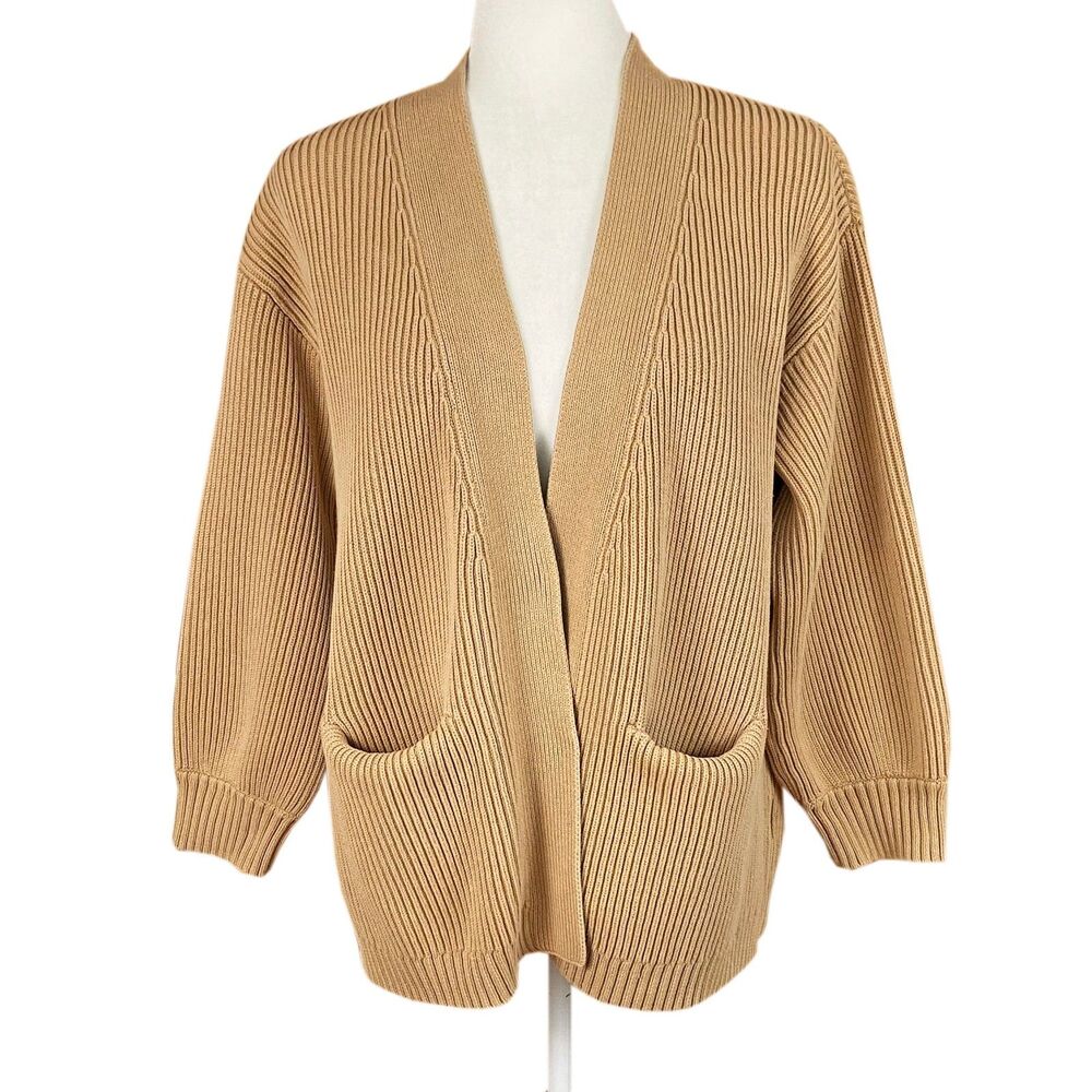 Quince 100% Organic Cotton Oversized Cardigan Size XL Camel Open Front Pockets